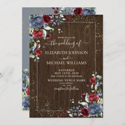 軽素朴く埃っぽいブルーブルゴーニュ木材フローラ 招待状 (正面/裏面)