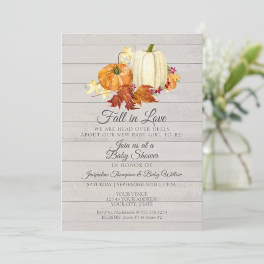 軽素朴灰色の木製かぼちゃの女の子の赤ちゃんシャワー 招待状 (スタンド正面)