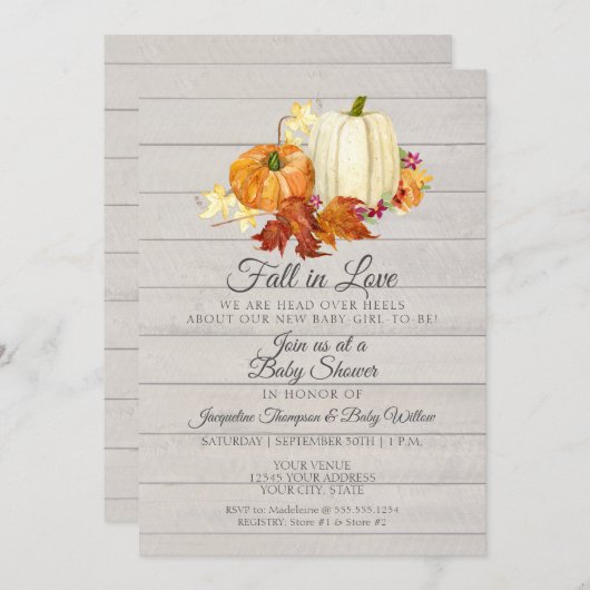 軽素朴灰色の木製かぼちゃの女の子の赤ちゃんシャワー 招待状 (正面/裏面)