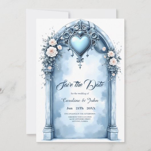 軽華美い青いアーチ形のフローラ。 セーブザデート (正面)