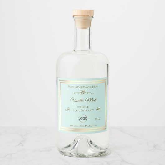 軽量ティール(緑がかった色)製品ラベル(金ゴールドフレームとロゴ付き) リキュールボトルラベル (正面)