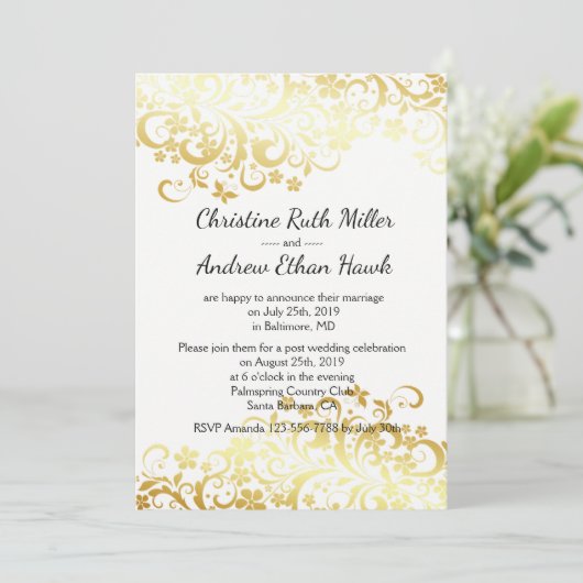 輝かしいゴールドの花々が咲き誇るウェディングアフターパーティー 招待状 (スタンド正面)