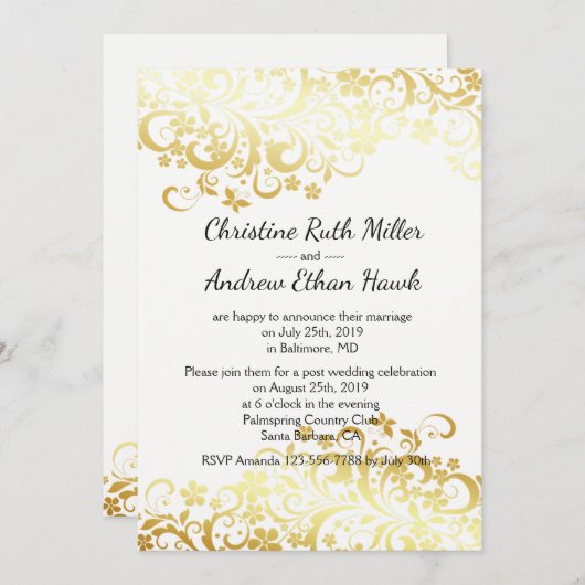 輝かしいゴールドの花々が咲き誇るウェディングアフターパーティー 招待状 (正面/裏面)