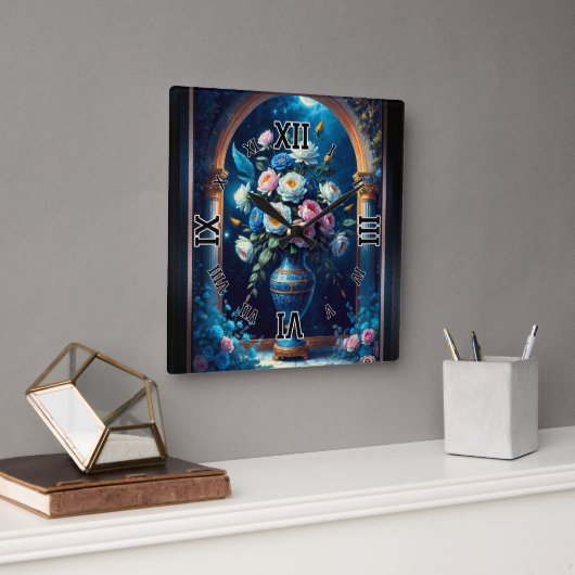 輝かしいフローラの花束が月に照らされた空の下 スクエア壁時計 (オフィス)