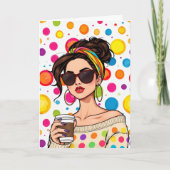 輝かしい一日をお祈り！コーヒーを飲む女性 カード (正面)