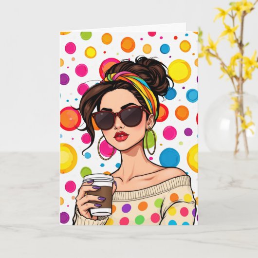 輝かしい一日をお祈り！コーヒーを飲む女性 カード (黄色い花)