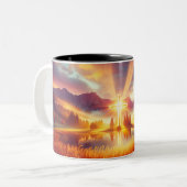輝かしい日の出の下のゴールデンクロス ツートーンマグカップ (正面左)