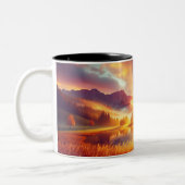 輝かしい日の出の下のゴールデンクロス ツートーンマグカップ (左)