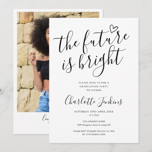 輝かしい未来 スクリプト ハート フォト 卒業パーティー 招待状 (正面/裏面)