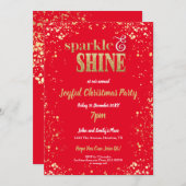 輝きと輝き金ゴールドクリスマスパーティー赤 招待状 (正面/裏面)
