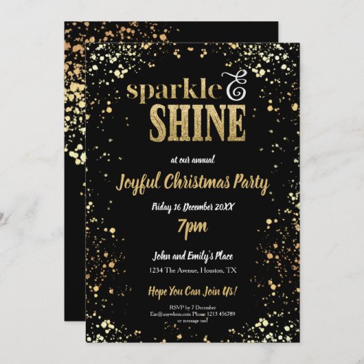 輝きと輝き金ゴールドブラッククリスマスパーティー 招待状 (正面/裏面)