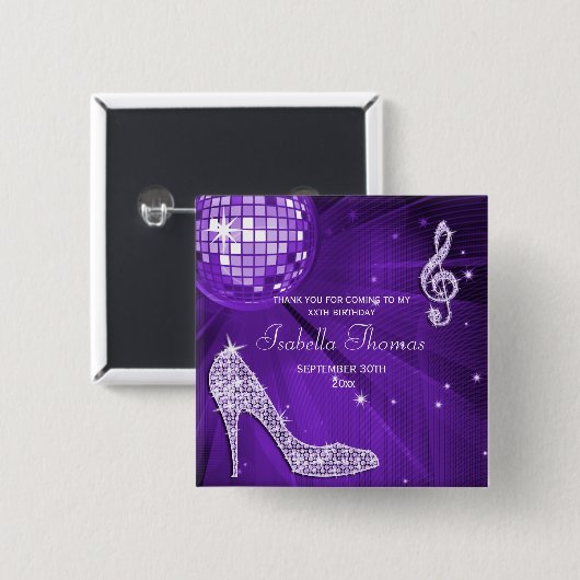 輝きのかかとの紫色のディスコの球の誕生日は感謝していしています 缶バッジ (正面&裏面)
