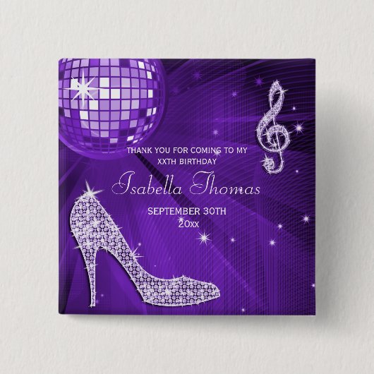 輝きのかかとの紫色のディスコの球の誕生日は感謝していしています 缶バッジ (正面)