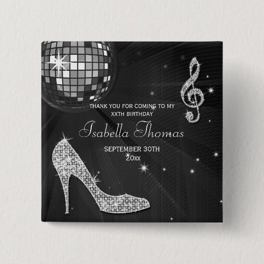 輝きのかかとの黒いディスコの球の誕生日は感謝していしています 缶バッジ (正面)