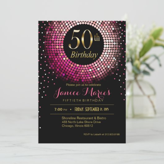 輝きのきらきら光るな紙吹雪の第50誕生日のピンクの金ゴールドの黒 招待状 (スタンド正面)