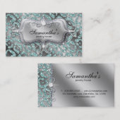 輝きのジュエリーの名刺のシマウマのティール(緑がかった色)の銀 名刺 (正面/裏面)