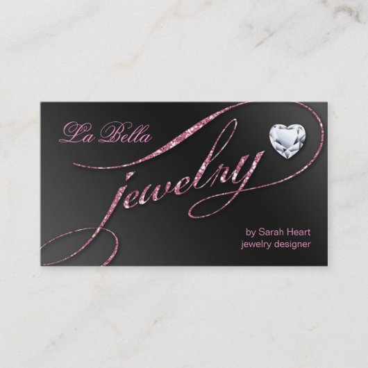 輝きのジュエリーの名刺の黒のピンクのハート2 名刺 (正面)