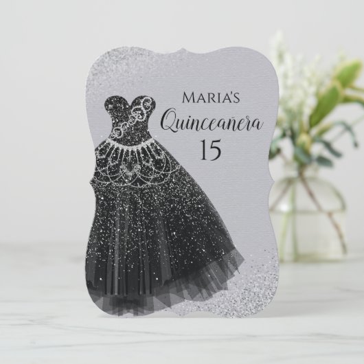 輝きの服の黒の銀のQuinceañeraの招待状 招待状 (スタンド正面)