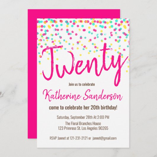 輝きの虹の水玉模様の誕生会を振りかけて下さい 招待状 (正面/裏面)