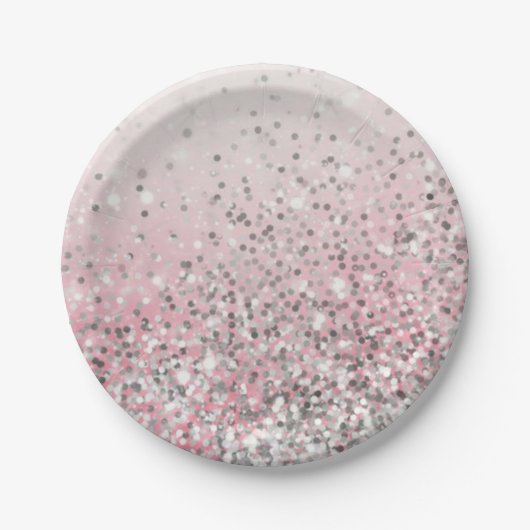 輝きの銀およびピンクのガーリーなパーティー ペーパープレート (正面)