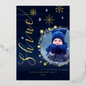 輝きを放つエレガントな雪の結晶と宝石のフォトフレームリース 箔シーズンカード (正面)