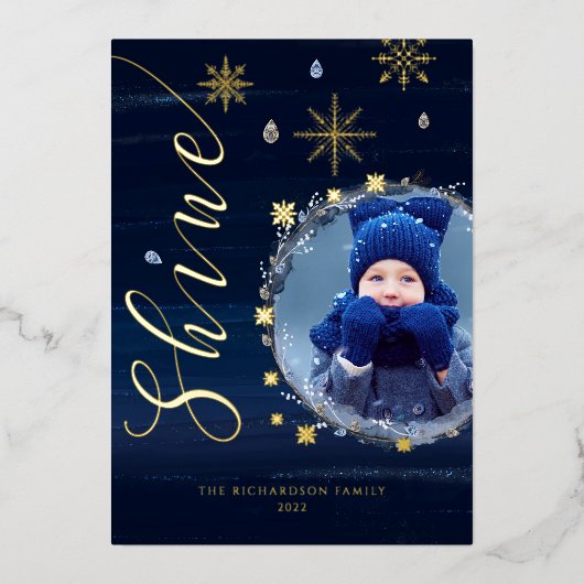 輝きを放つエレガントな雪の結晶と宝石のフォトフレーム 箔シーズンカード (正面)