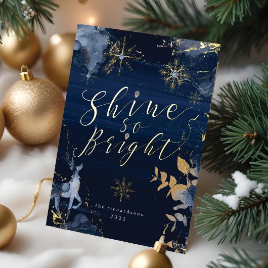 輝くほど明るい ネイビー ゴールド 雪の結晶 & トナカイ 箔シーズンカード