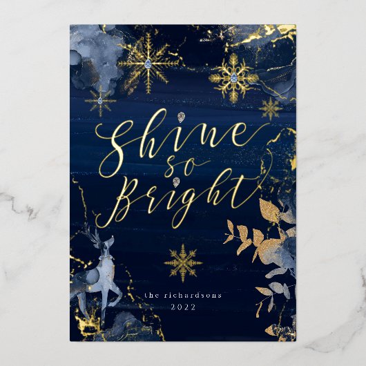 輝くほど明るい ネイビー ゴールド 雪の結晶 & トナカイ 箔シーズンカード (正面)