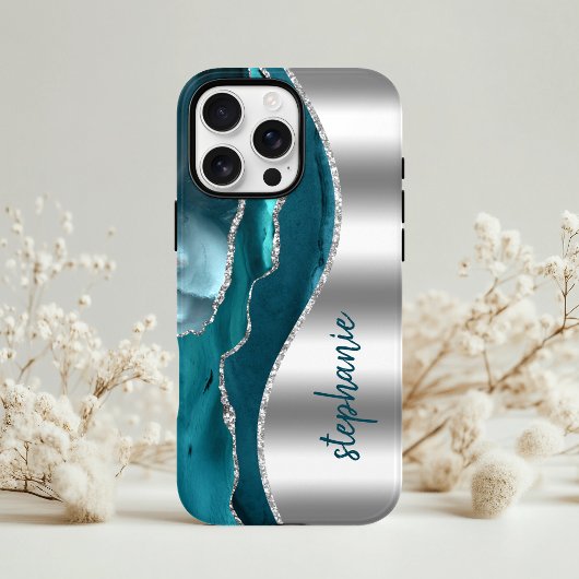 輝くアゲートジオードのメタリックシルバーとティールブルーの名前入りデザイン Case-Mate iPhoneケース