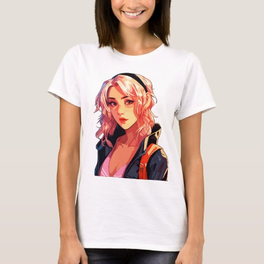 輝くアニメ少女: 美しい漫画アート Tシャツ (正面)
