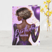 輝くアフリカ系アメリカ人女性パープル誕生日 カード (黄色い花)