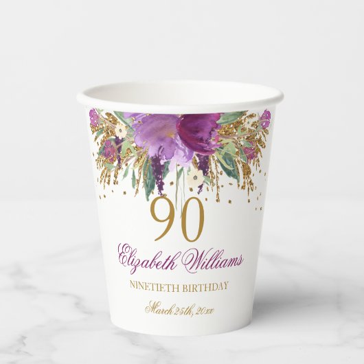 輝くアメジストの花のスパンコール 90歳の誕生日 紙コップ (正面)