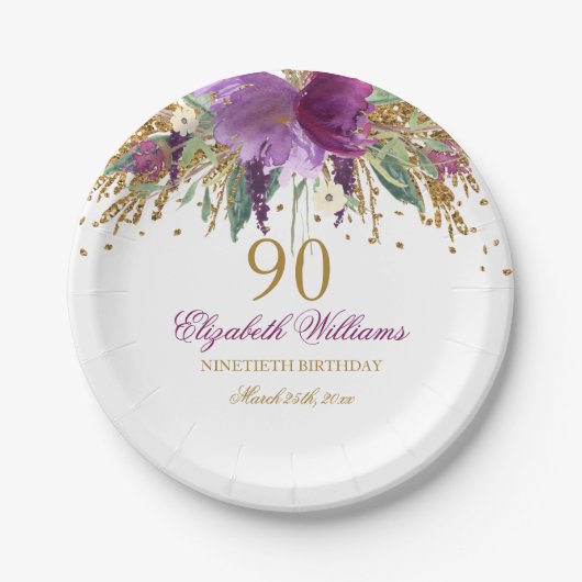 輝くアメジストの花 フラワーギター 90歳の誕生日 ペーパープレート (正面)