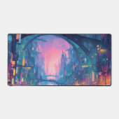 輝くアーチのある未来都市のサイバーパンク風景 デスクマット (正面)