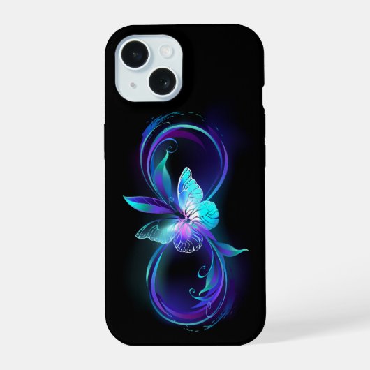 輝くインフィニティと魔法の蝶 iPhone 15ケース (裏面)