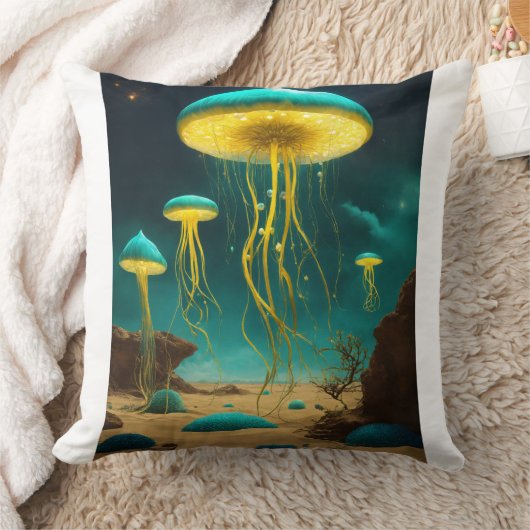 "輝くエレガンス:黒いクラゲ淡い色の" クッション (ブランケット)