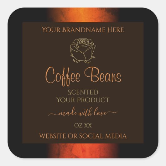 輝くオレンジ ブラウン マーブル 商品ラベル 花模様 スクエアシール (正面)