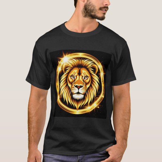 輝くオーラを放つ金のライオンの頭 Tシャツ (正面)