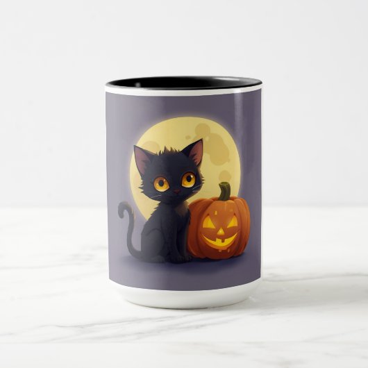 輝くカボチャの彫刻と可愛い黒猫 マグカップ (中央)