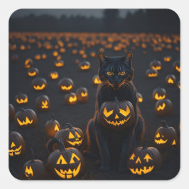 輝くカボチャを持つハロウィンの猫 スクエアシール