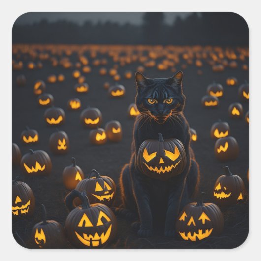輝くカボチャを持つハロウィンの猫 スクエアシール (正面)