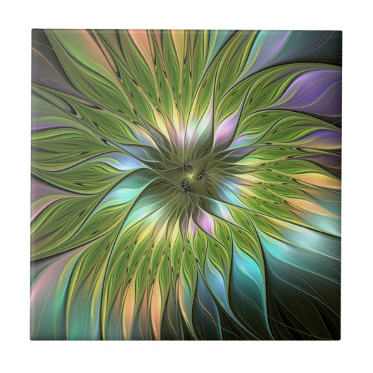輝くカラフルな幻想の花 フラクタルアート タイル (正面)