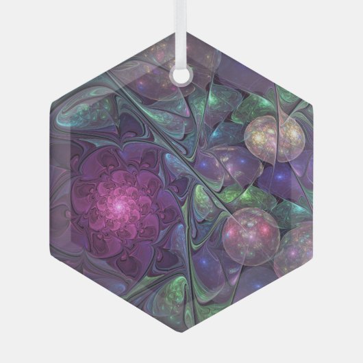 輝くカラフル抽象芸術モダンフラクタル芸術 ガラスオーナメント (正面)