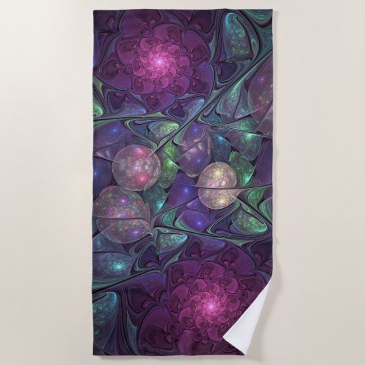 輝くカラフル抽象芸術モダンフラクタル芸術 ビーチタオル (正面)