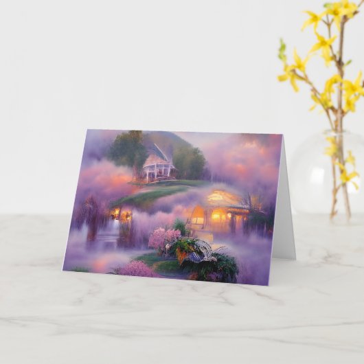 輝くガゼボと池の紫の藤 カード (黄色い花)
