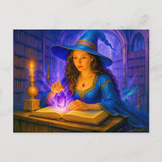 輝くクリスタルで魔法書を読む魔女 シーズンポストカード (正面)