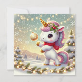 輝くクリスマスのオーナメントを持つユニコーン シーズンカード (正面)