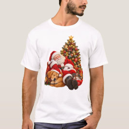 輝くクリスマスツリーのそばで眠るサンタクロース Tシャツ