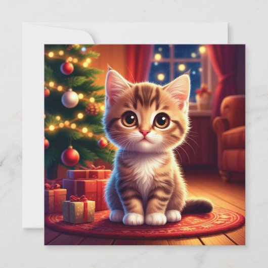 輝くクリスマスツリーのそばに座る子猫 (正面)