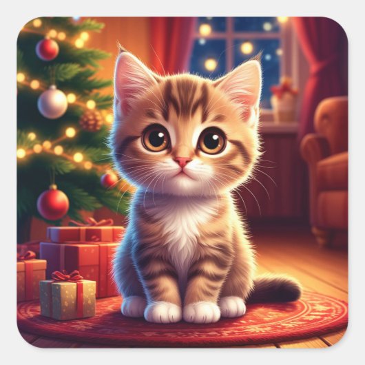 輝くクリスマスツリーのそばに座る子猫 スクエアシール (正面)